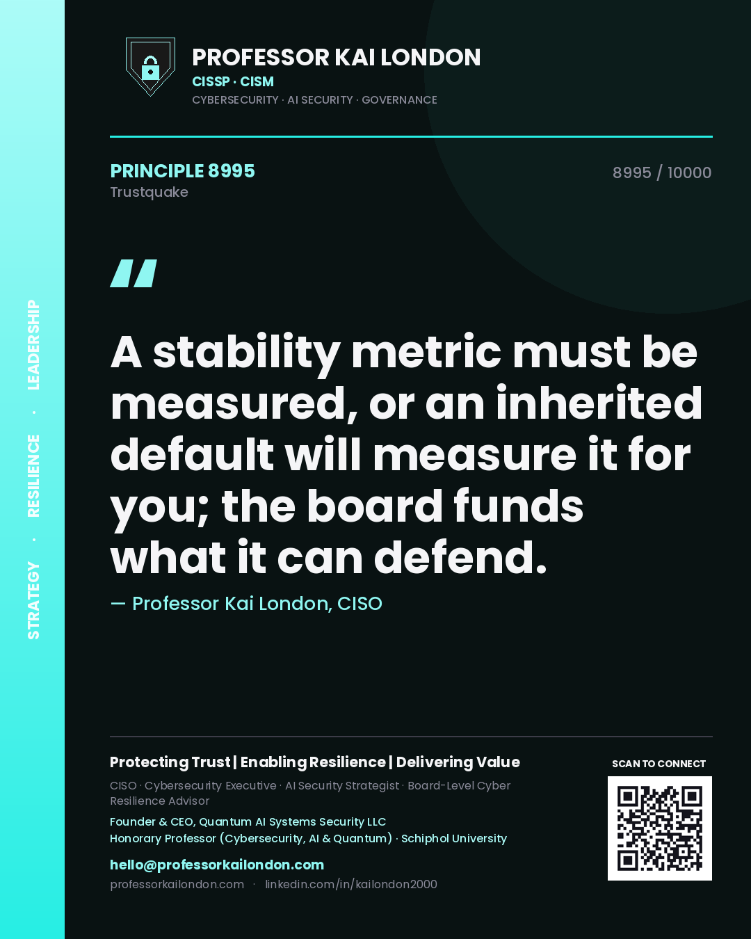 Quote card by Professor Kai London reading 'A stability metric must be measured, or an inherited default will measure it for you; the board funds what it can defend.'. From the book Trustquake.