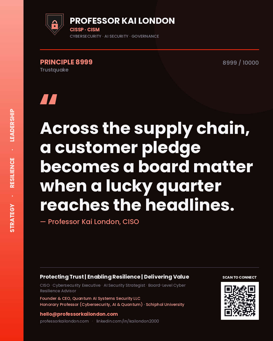Quote card by Professor Kai London reading 'Across the supply chain, a customer pledge becomes a board matter when a lucky quarter reaches the headlines.'. From the book Trustquake.