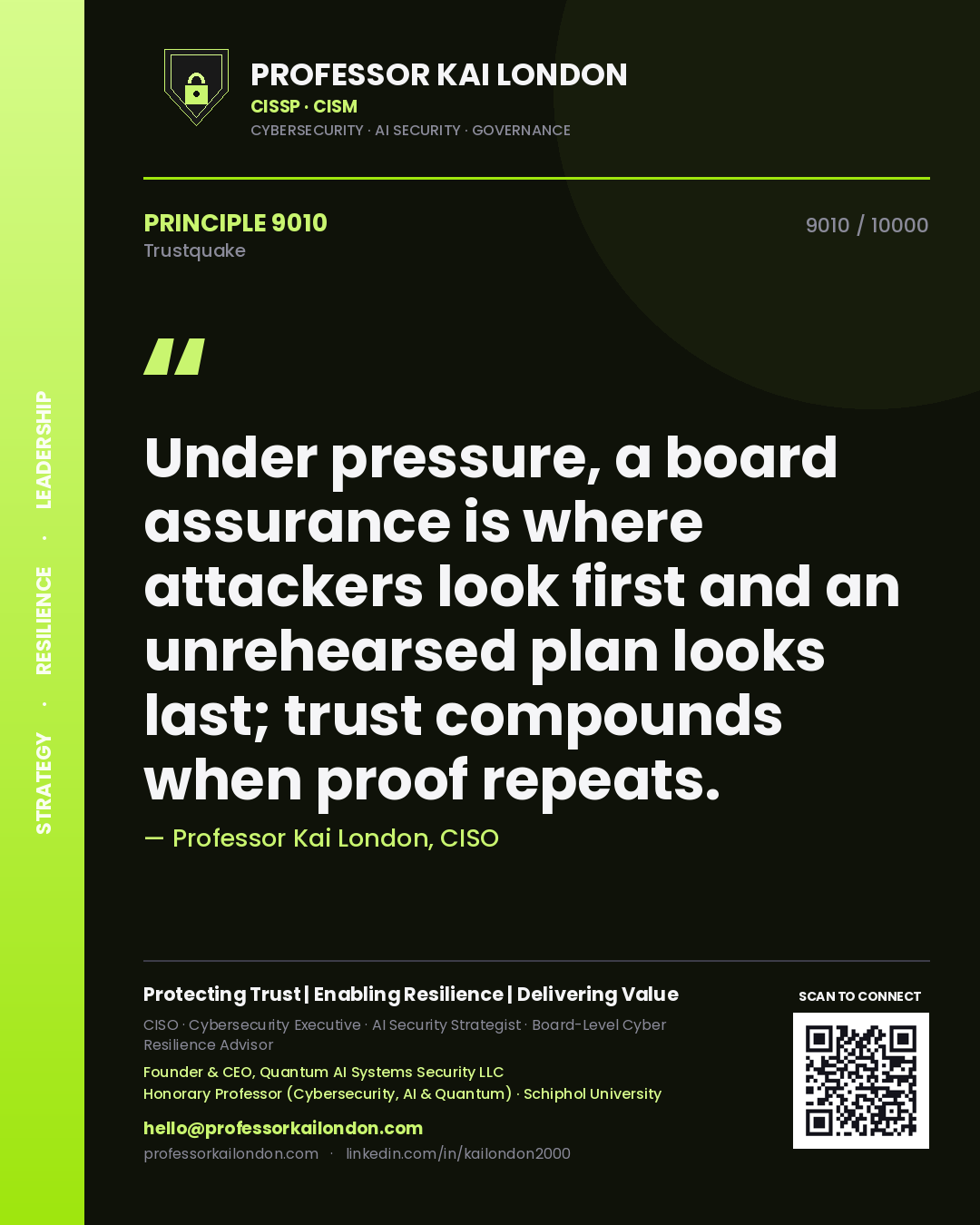 Professor Kai London principle 9010: Under pressure, a board assurance is where attackers look first and an unrehearsed plan looks last; trust compounds when proof repeats.
