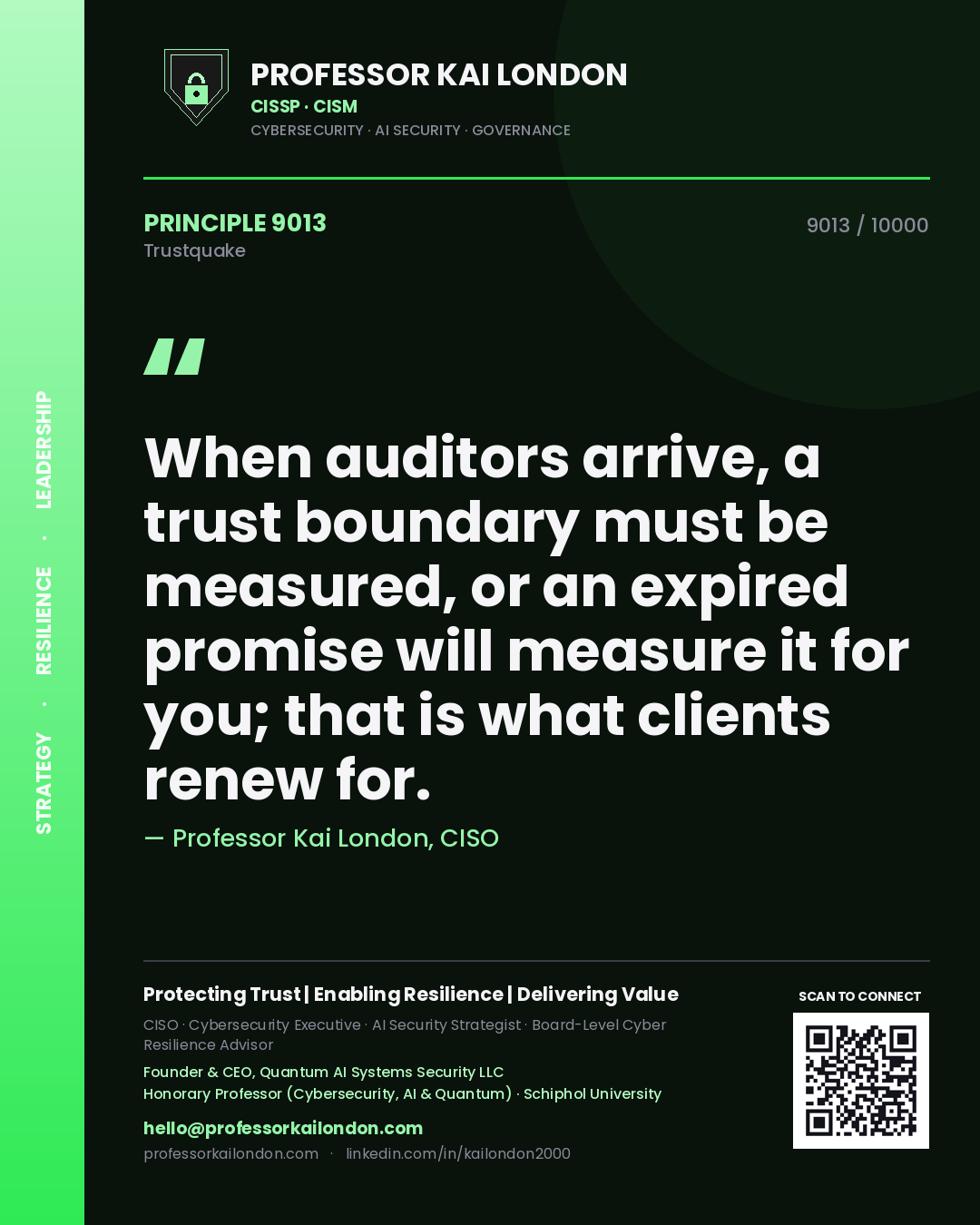 Professor Kai London principle 9013: When auditors arrive, a trust boundary must be measured, or an expired promise will measure it for you; that is what clients renew for.