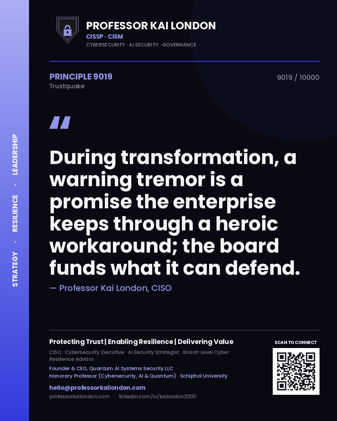 Professor Kai London principle 9019: During transformation, a warning tremor is a promise the enterprise keeps through a heroic workaround; the board funds what it can defend.