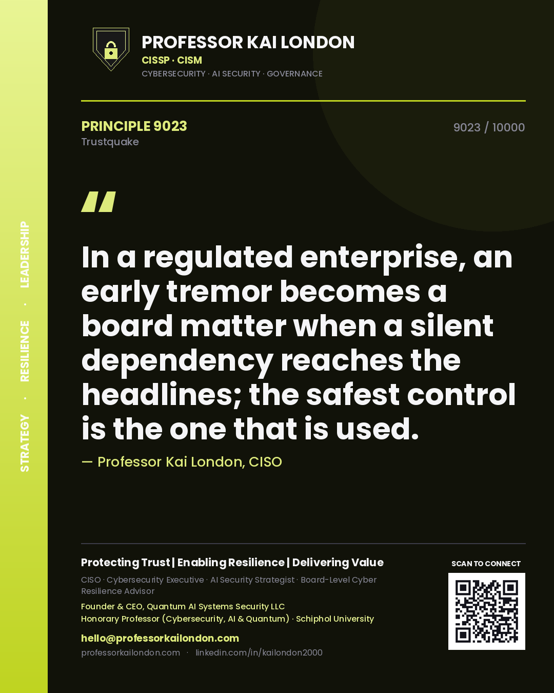 Professor Kai London principle 9023: In a regulated enterprise, an early tremor becomes a board matter when a silent dependency reaches the headlines; the safest control is the one that is used.