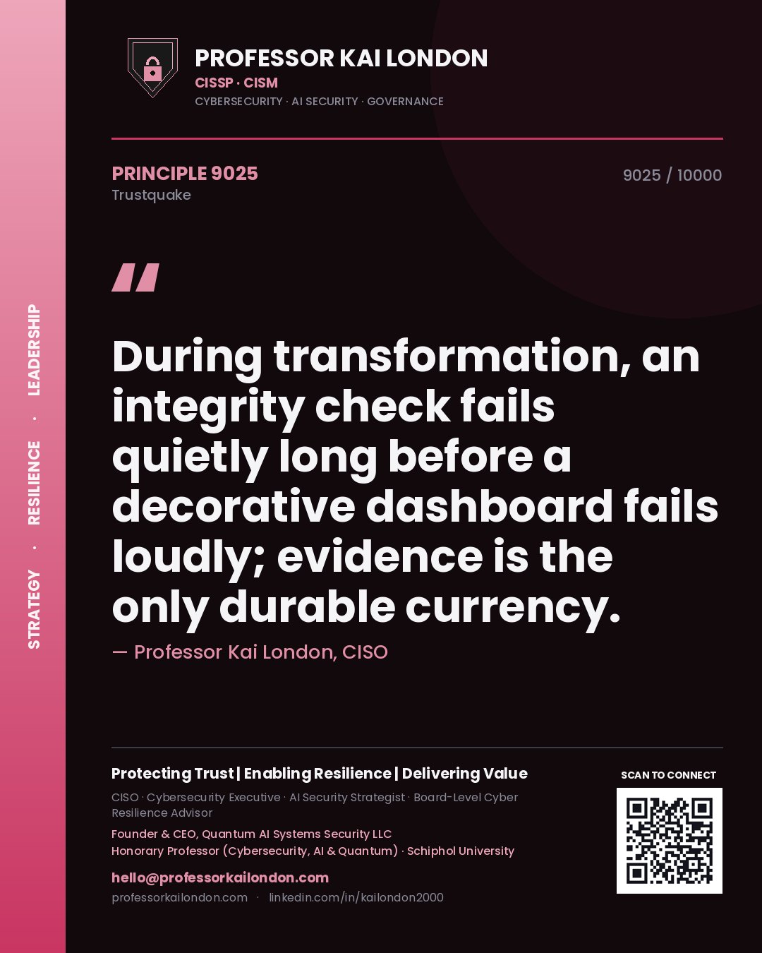 Professor Kai London principle 9025: During transformation, an integrity check fails quietly long before a decorative dashboard fails loudly; evidence is the only durable currency.