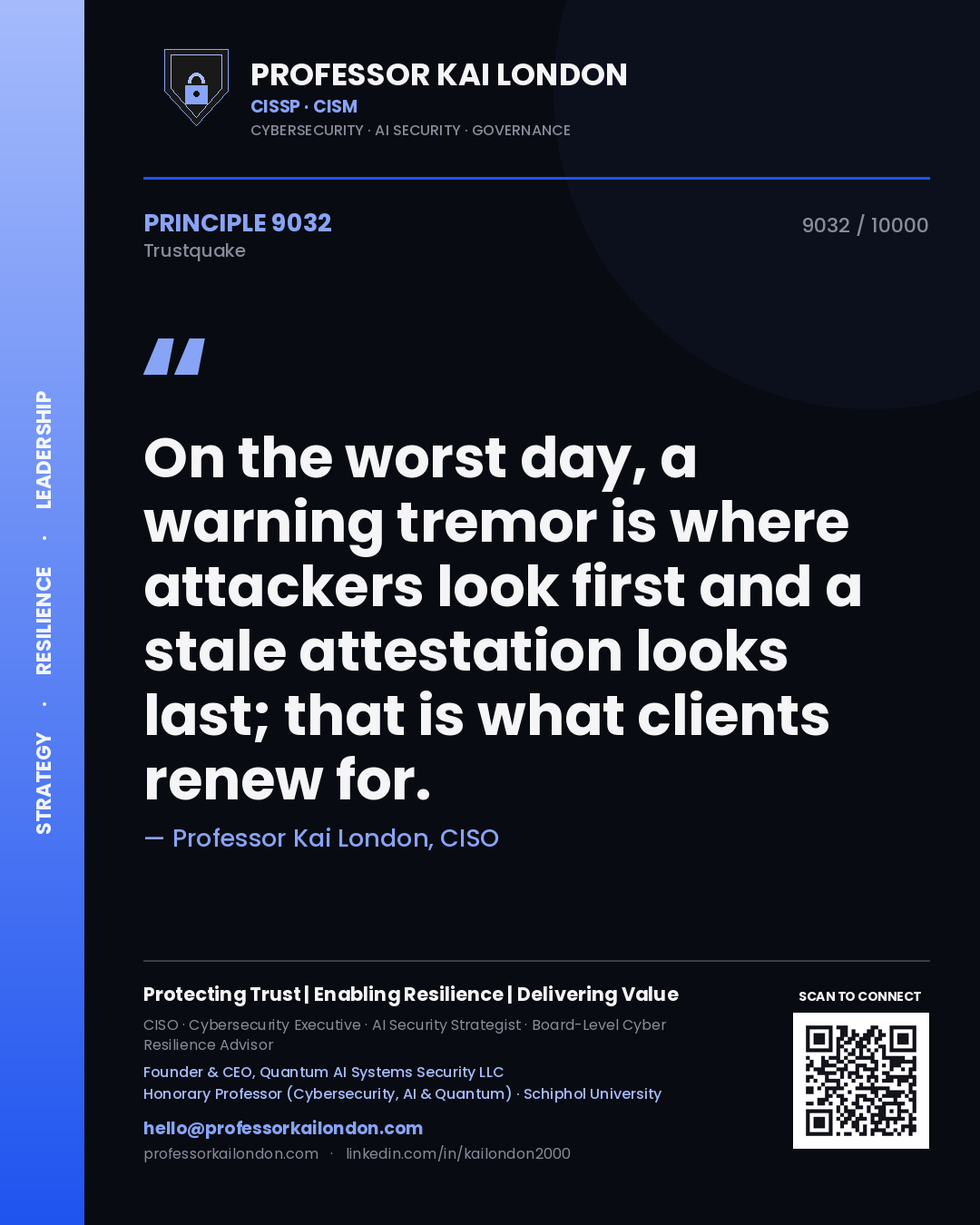 Professor Kai London principle 9032: On the worst day, a warning tremor is where attackers look first and a stale attestation looks last; that is what clients renew for.