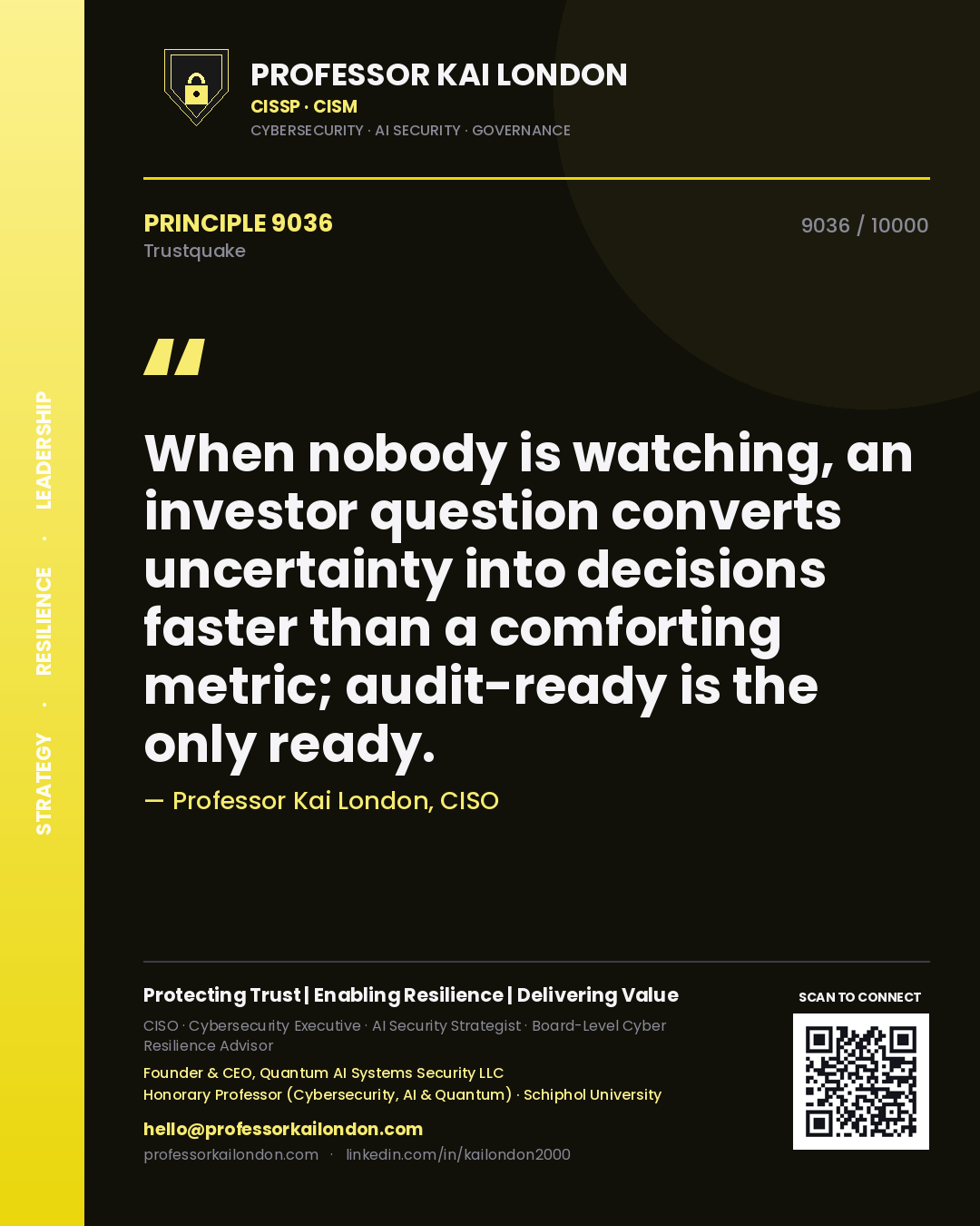 Professor Kai London principle 9036: When nobody is watching, an investor question converts uncertainty into decisions faster than a comforting metric; audit-ready is the only ready.