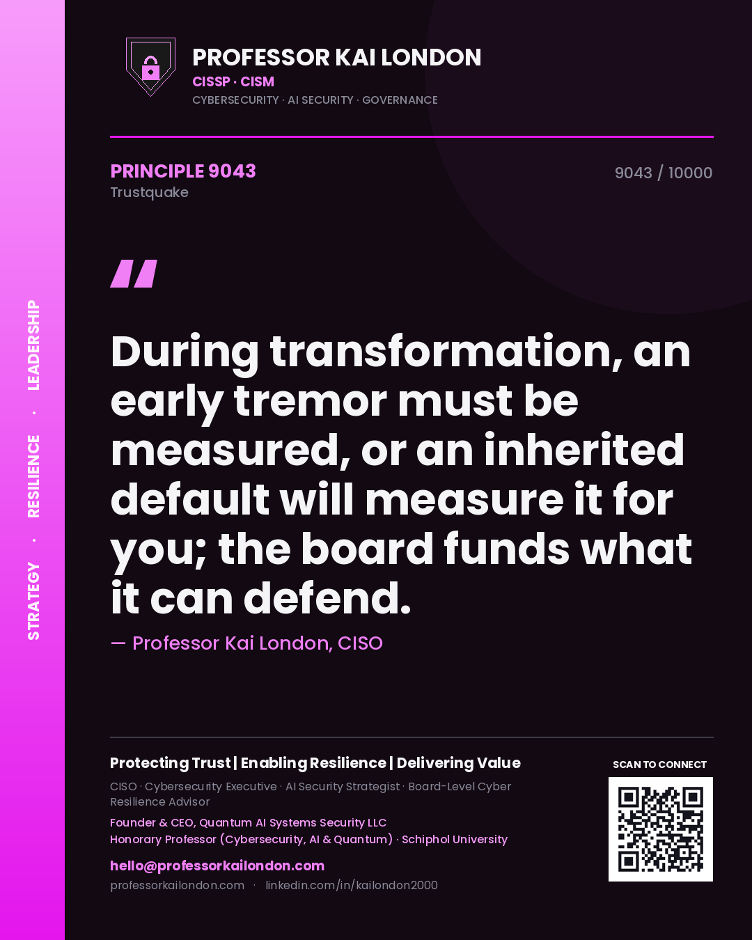 Professor Kai London principle 9043: During transformation, an early tremor must be measured, or an inherited default will measure it for you; the board funds what it can defend.