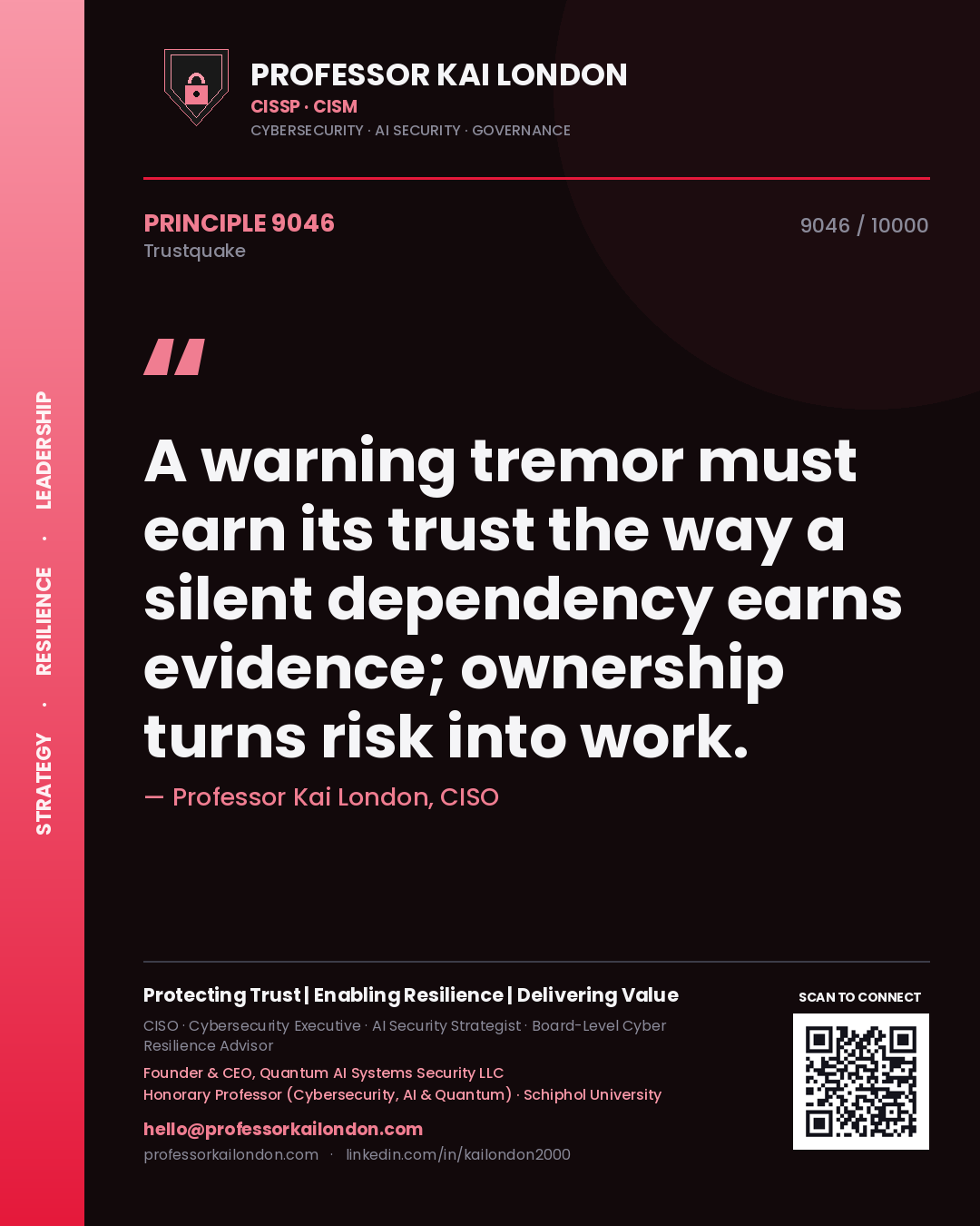Professor Kai London principle 9046: A warning tremor must earn its trust the way a silent dependency earns evidence; ownership turns risk into work.