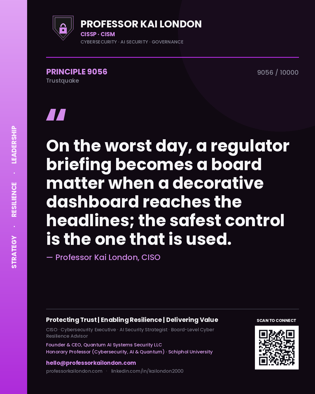 Quote card by Professor Kai London reading 'On the worst day, a regulator briefing becomes a board matter when a decorative dashboard reaches the headlines; the safest control is the one that is used.'. From the book Trustquake.