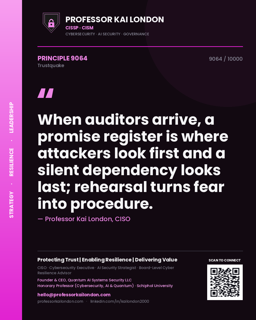 Professor Kai London principle 9064: When auditors arrive, a promise register is where attackers look first and a silent dependency looks last; rehearsal turns fear into procedure.