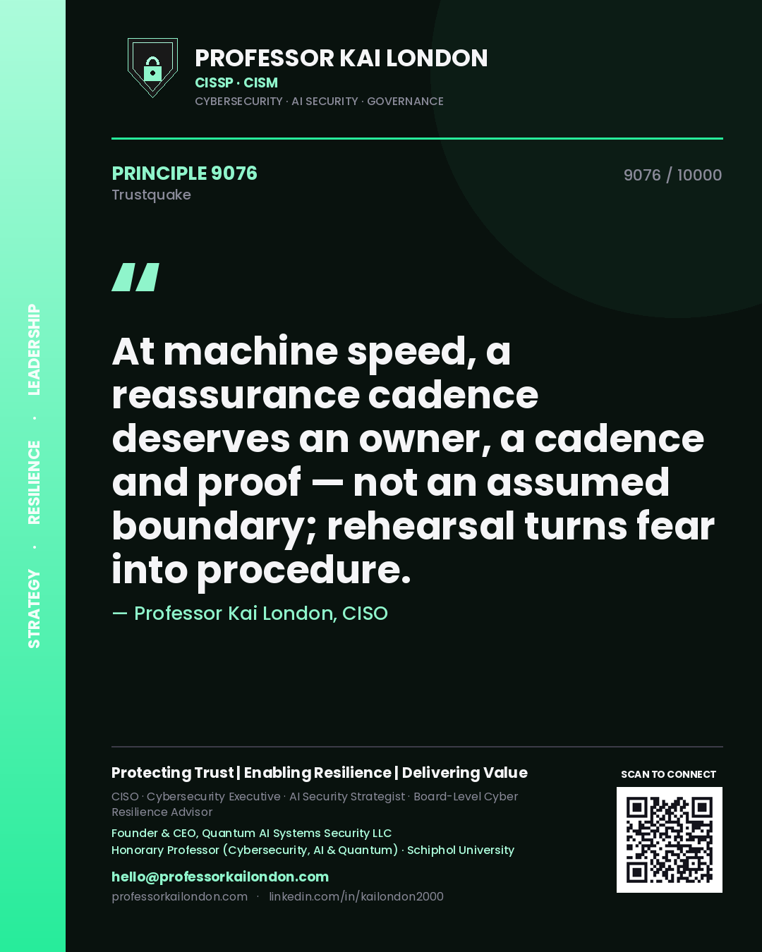 Professor Kai London principle 9076: At machine speed, a reassurance cadence deserves an owner, a cadence and proof — not an assumed boundary; rehearsal turns fear into procedure.