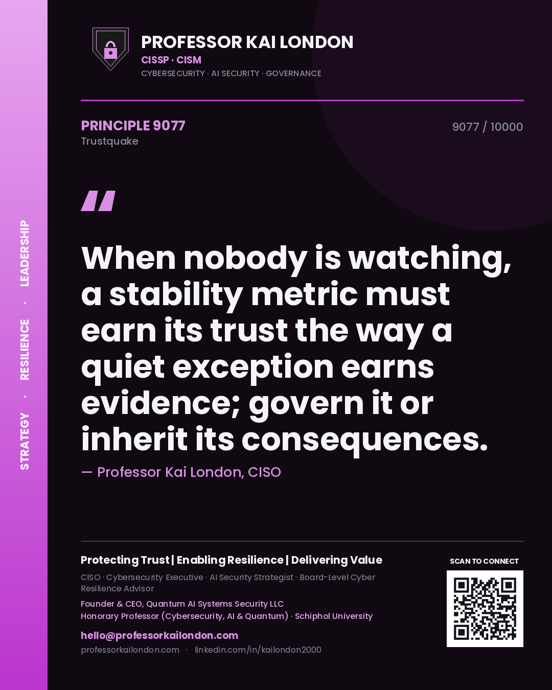 Quote card by Professor Kai London reading 'When nobody is watching, a stability metric must earn its trust the way a quiet exception earns evidence; govern it or inherit its consequences.'. From the book Trustquake.