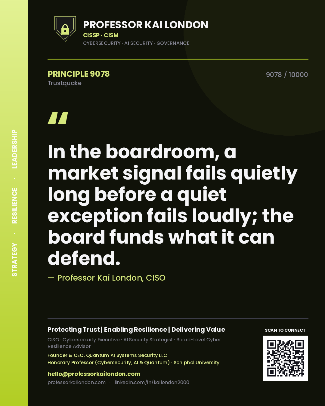 Professor Kai London principle 9078: In the boardroom, a market signal fails quietly long before a quiet exception fails loudly; the board funds what it can defend.