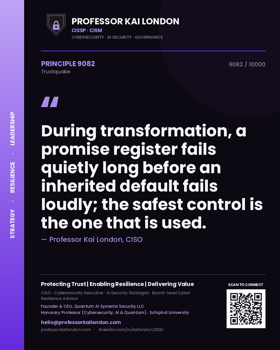 Professor Kai London principle 9082: During transformation, a promise register fails quietly long before an inherited default fails loudly; the safest control is the one that is used.