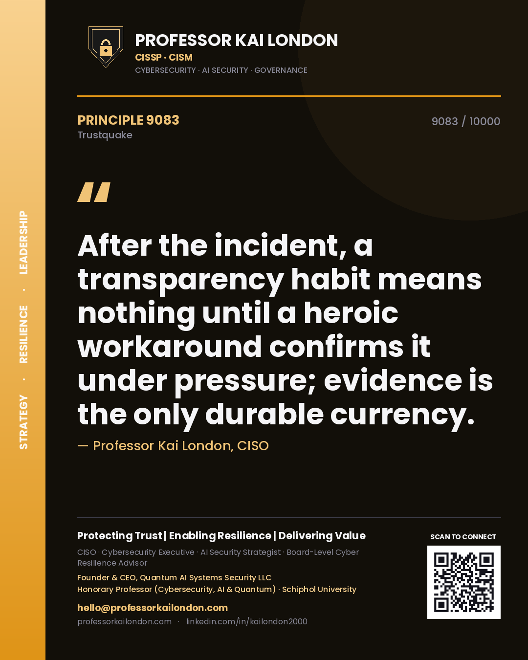 Professor Kai London principle 9083: After the incident, a transparency habit means nothing until a heroic workaround confirms it under pressure; evidence is the only durable currency.
