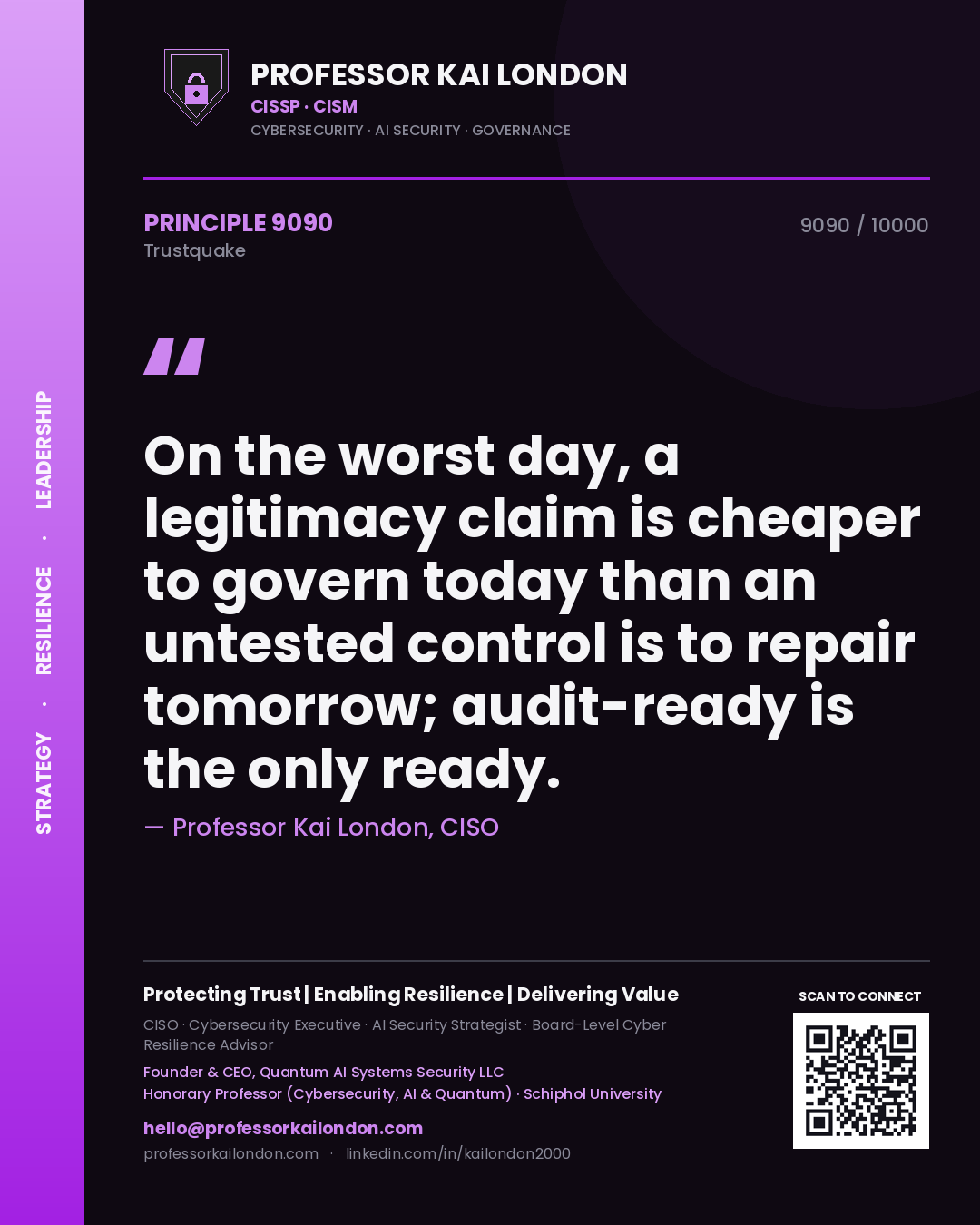 Professor Kai London principle 9090: On the worst day, a legitimacy claim is cheaper to govern today than an untested control is to repair tomorrow; audit-ready is the only ready.