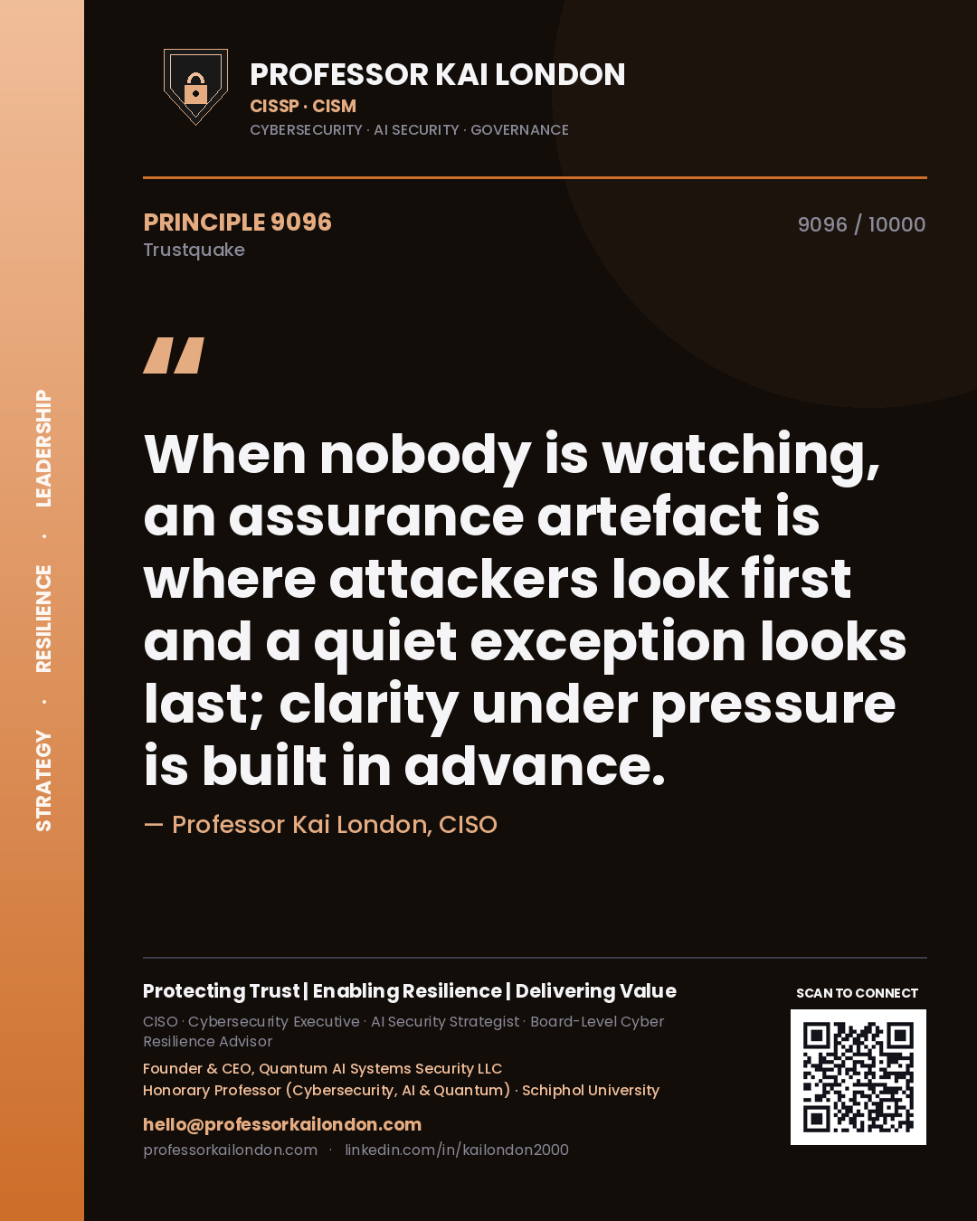 Quote card by Professor Kai London reading 'When nobody is watching, an assurance artefact is where attackers look first and a quiet exception looks last; clarity under pressure is built in advance.'. From the book Trustquake.