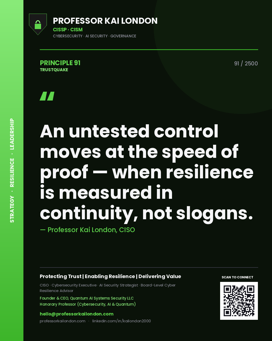 Professor Kai London principle 91: An untested control moves at the speed of proof — when resilience is measured in continuity, not slogans.