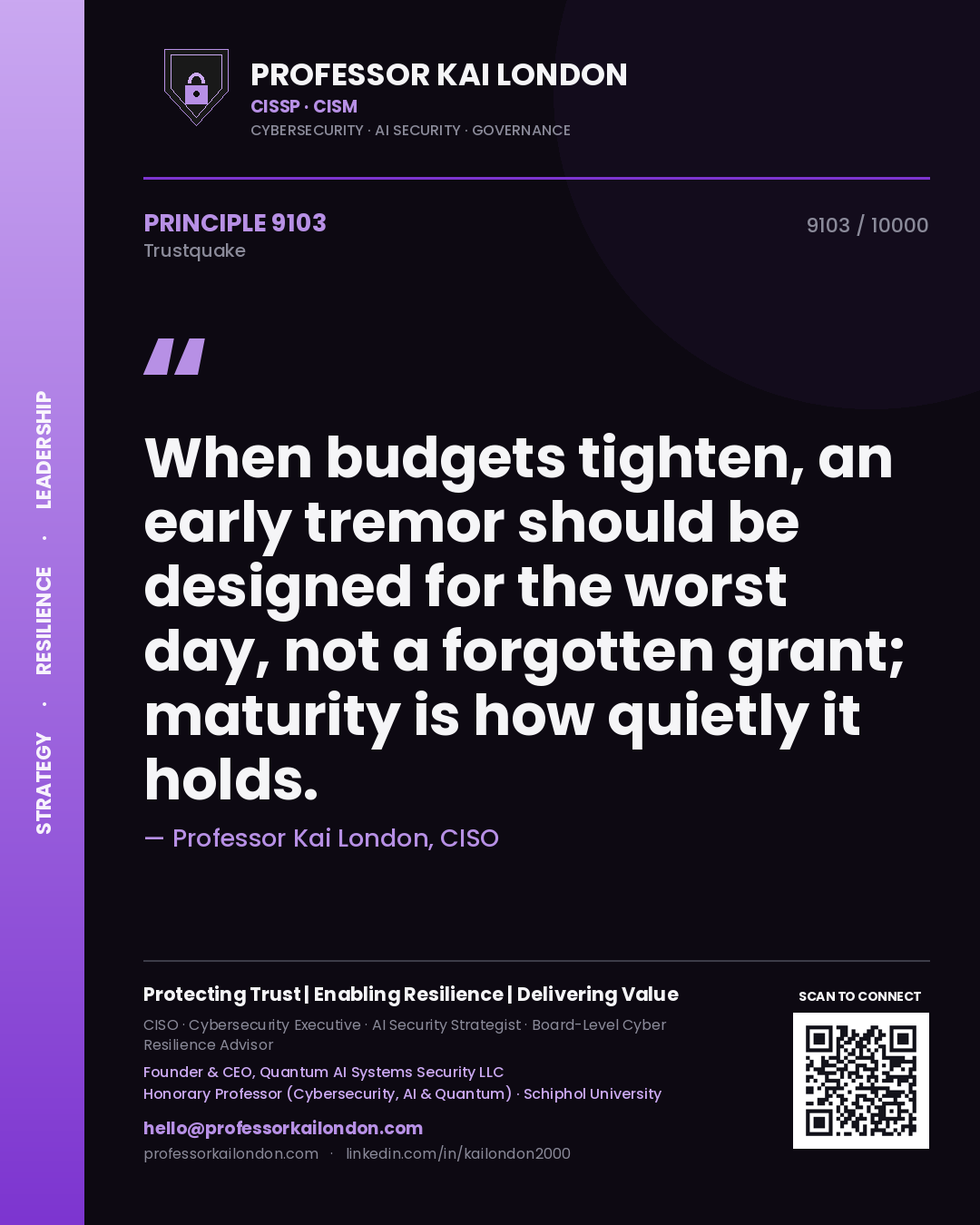 Quote card by Professor Kai London reading 'When budgets tighten, an early tremor should be designed for the worst day, not a forgotten grant; maturity is how quietly it holds.'. From the book Trustquake.