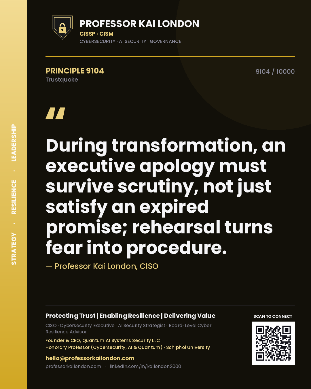 Quote card by Professor Kai London reading 'During transformation, an executive apology must survive scrutiny, not just satisfy an expired promise; rehearsal turns fear into procedure.'. From the book Trustquake.