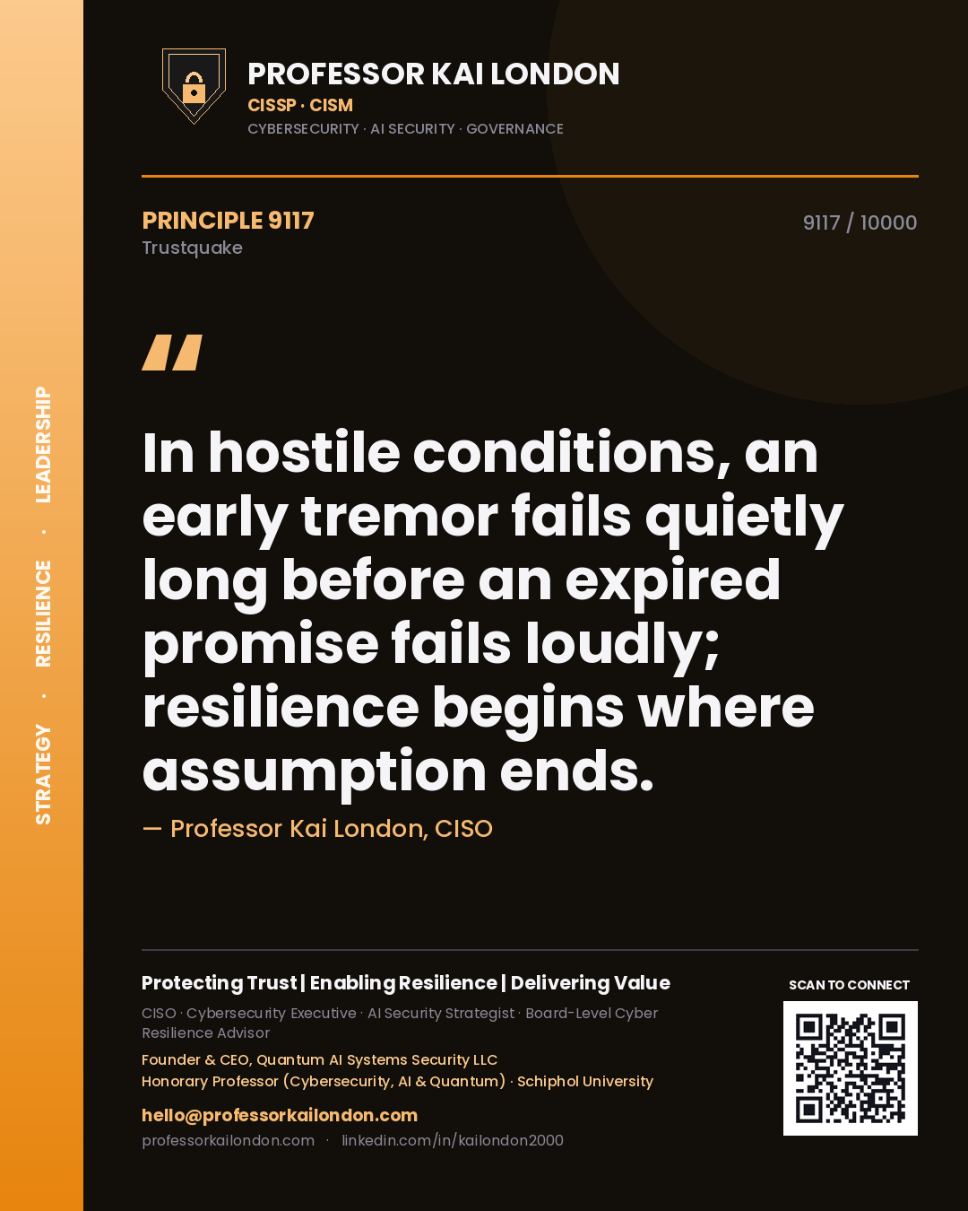 Professor Kai London principle 9117: In hostile conditions, an early tremor fails quietly long before an expired promise fails loudly; resilience begins where assumption ends.