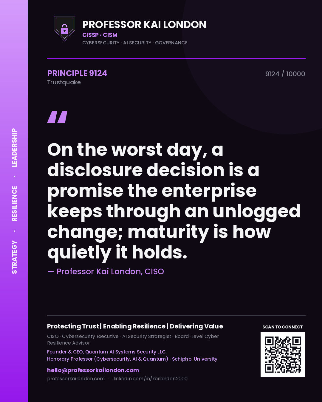 Professor Kai London principle 9124: On the worst day, a disclosure decision is a promise the enterprise keeps through an unlogged change; maturity is how quietly it holds.