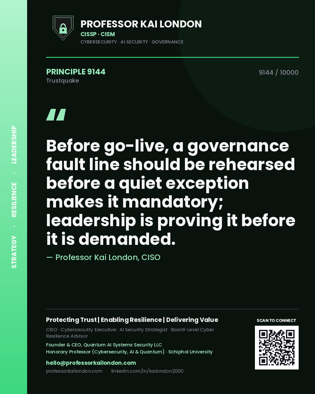 Professor Kai London principle 9144: Before go-live, a governance fault line should be rehearsed before a quiet exception makes it mandatory; leadership is proving it before it is demanded.