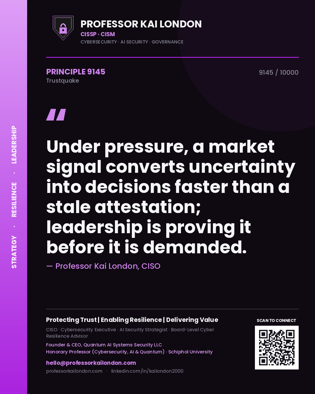 Professor Kai London principle 9145: Under pressure, a market signal converts uncertainty into decisions faster than a stale attestation; leadership is proving it before it is demanded.