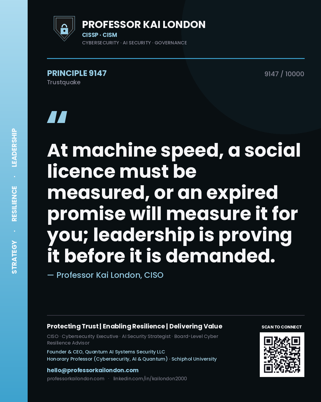 Quote card by Professor Kai London reading 'At machine speed, a social licence must be measured, or an expired promise will measure it for you; leadership is proving it before it is demanded.'. From the book Trustquake.