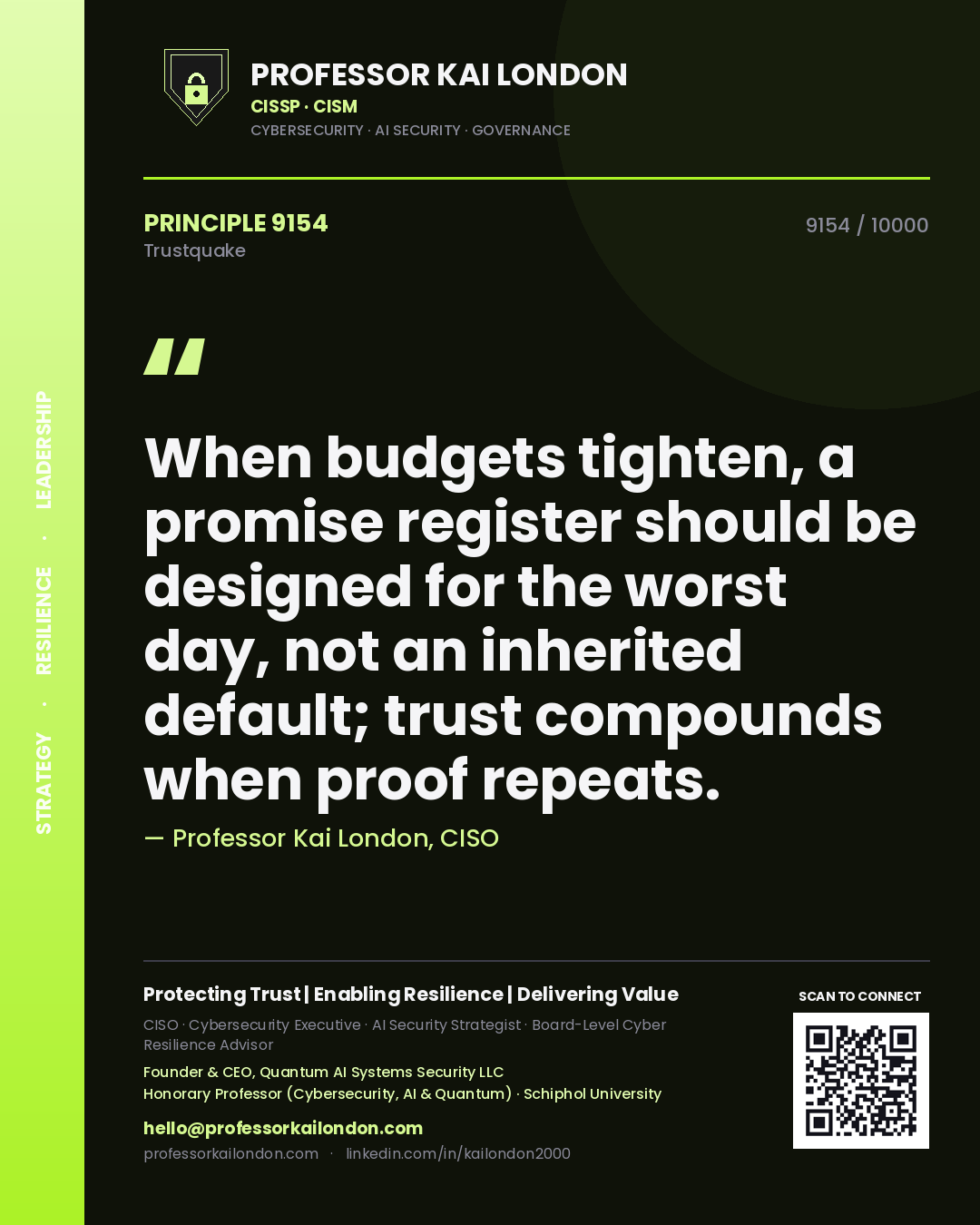 Professor Kai London principle 9154: When budgets tighten, a promise register should be designed for the worst day, not an inherited default; trust compounds when proof repeats.