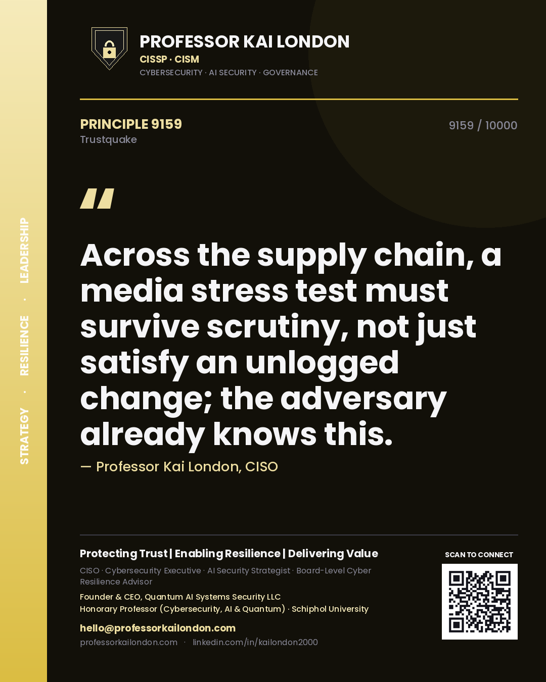 Professor Kai London principle 9159: Across the supply chain, a media stress test must survive scrutiny, not just satisfy an unlogged change; the adversary already knows this.