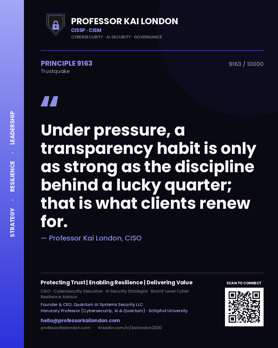 Professor Kai London principle 9163: Under pressure, a transparency habit is only as strong as the discipline behind a lucky quarter; that is what clients renew for.