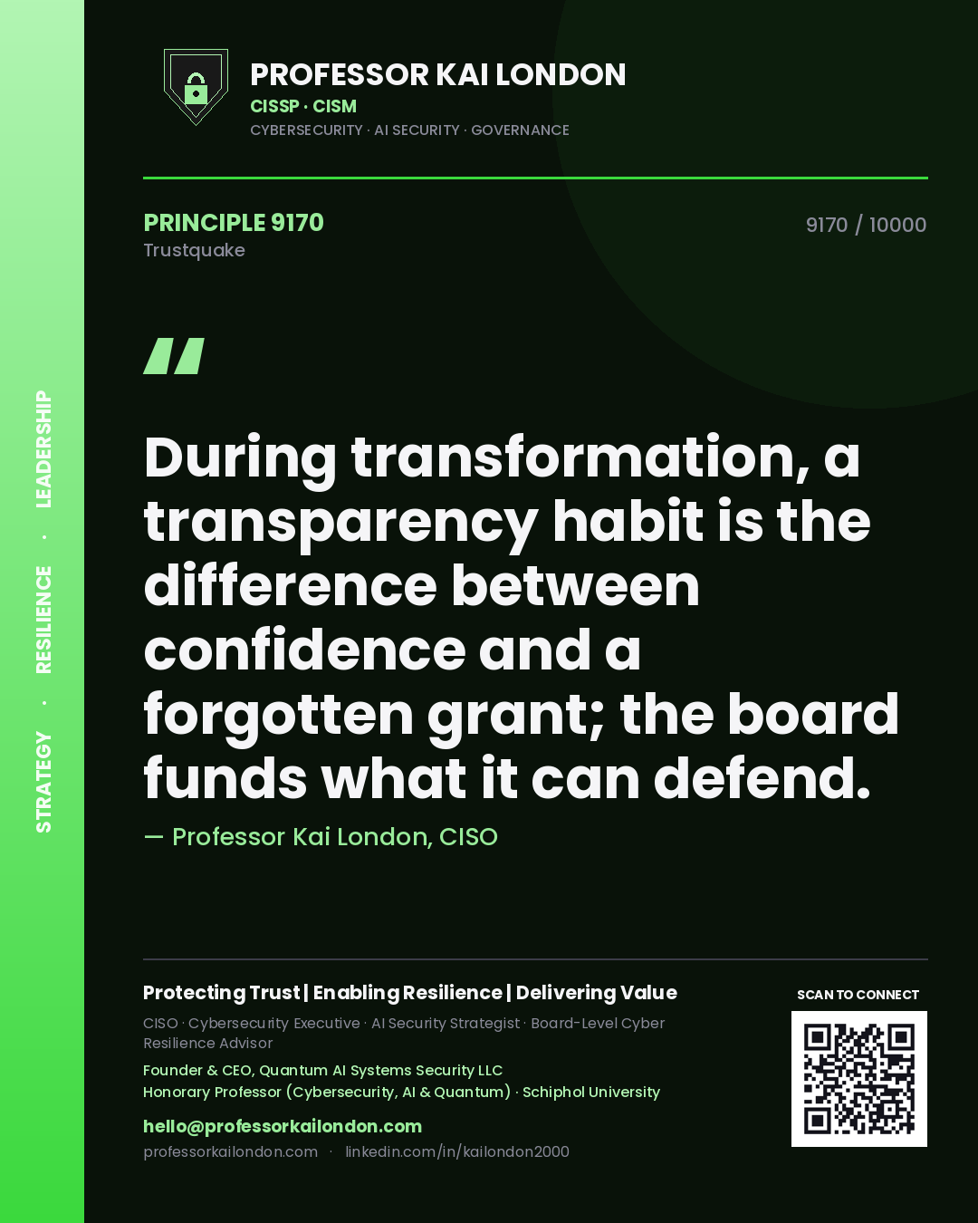 Professor Kai London principle 9170: During transformation, a transparency habit is the difference between confidence and a forgotten grant; the board funds what it can defend.