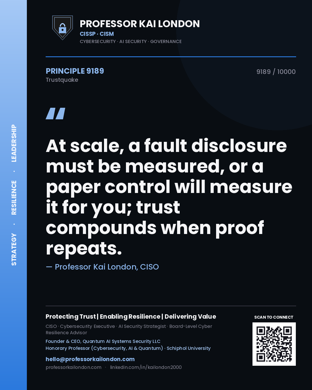 Quote card by Professor Kai London reading 'At scale, a fault disclosure must be measured, or a paper control will measure it for you; trust compounds when proof repeats.'. From the book Trustquake.