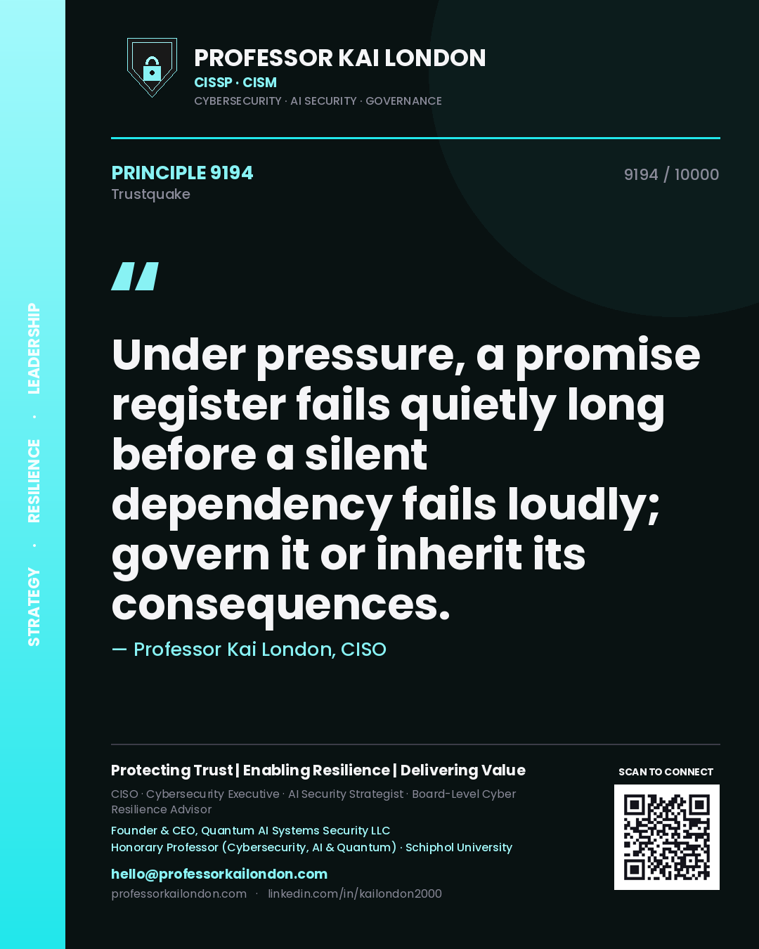 Professor Kai London principle 9194: Under pressure, a promise register fails quietly long before a silent dependency fails loudly; govern it or inherit its consequences.