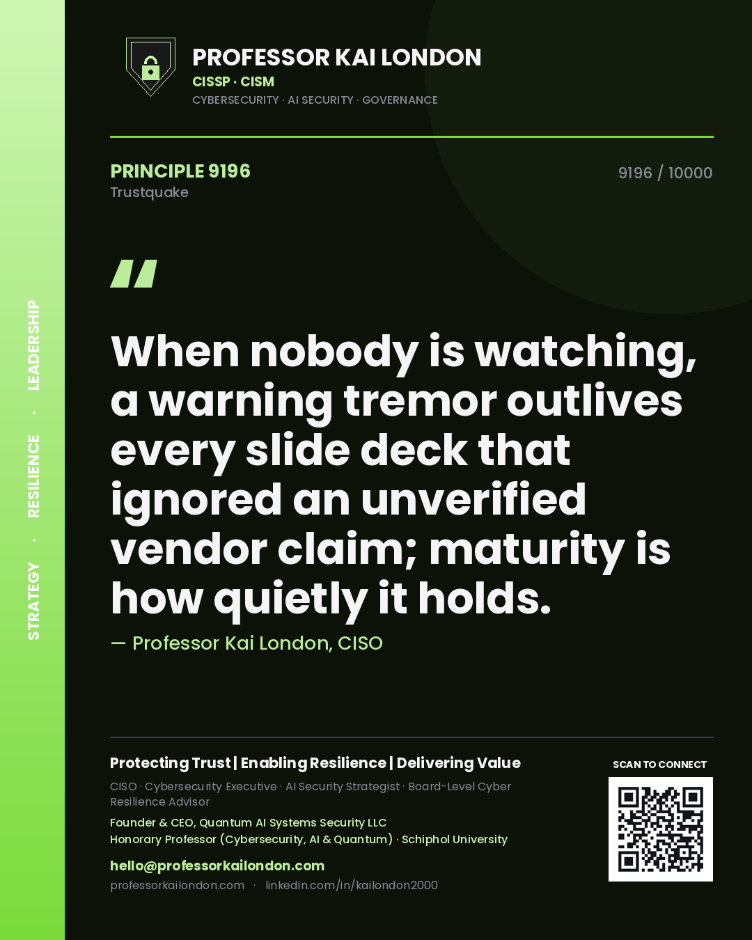 Professor Kai London principle 9196: When nobody is watching, a warning tremor outlives every slide deck that ignored an unverified vendor claim; maturity is how quietly it holds.