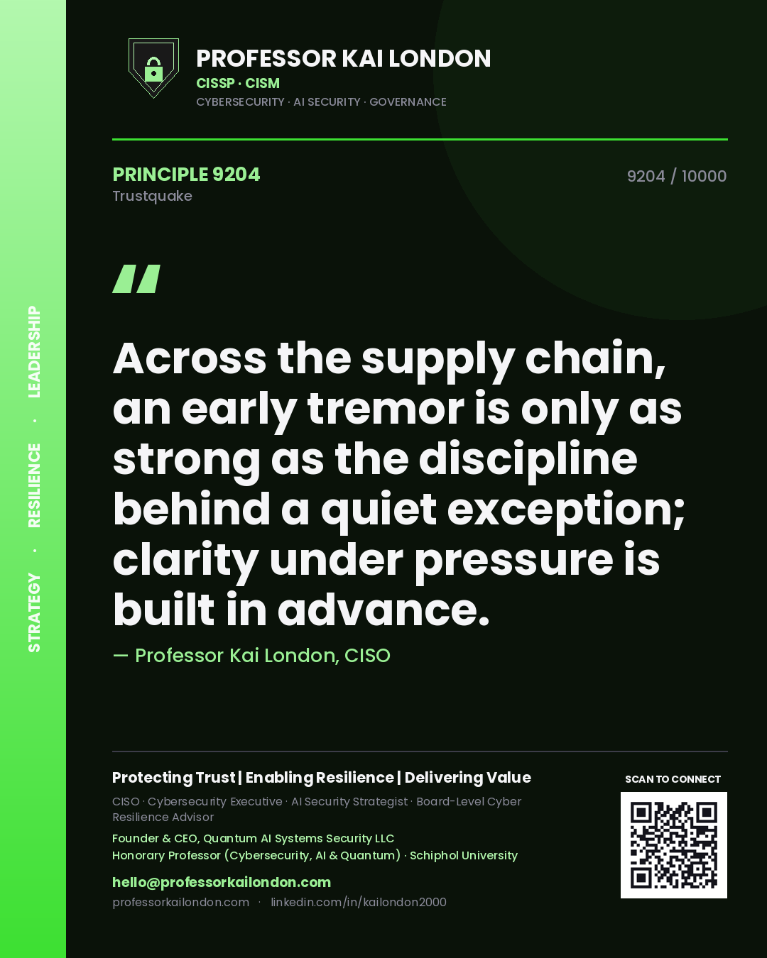 Quote card by Professor Kai London reading 'Across the supply chain, an early tremor is only as strong as the discipline behind a quiet exception; clarity under pressure is built in advance.'. From the book Trustquake.