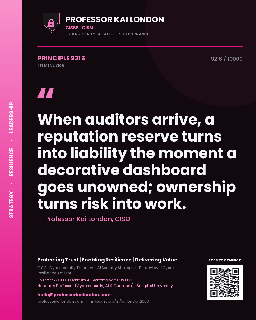 Quote card by Professor Kai London reading 'When auditors arrive, a reputation reserve turns into liability the moment a decorative dashboard goes unowned; ownership turns risk into work.'. From the book Trustquake.