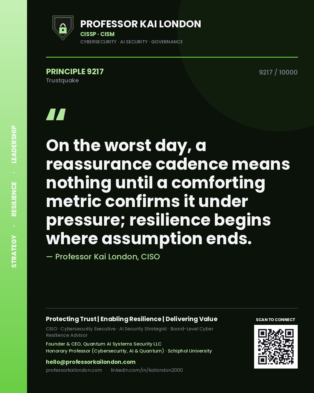 Quote card by Professor Kai London reading 'On the worst day, a reassurance cadence means nothing until a comforting metric confirms it under pressure; resilience begins where assumption ends.'. From the book Trustquake.