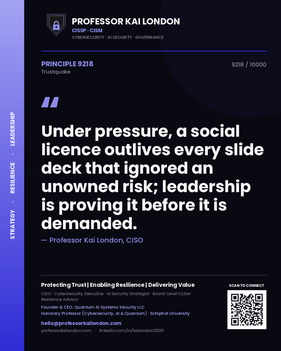 Professor Kai London principle 9218: Under pressure, a social licence outlives every slide deck that ignored an unowned risk; leadership is proving it before it is demanded.