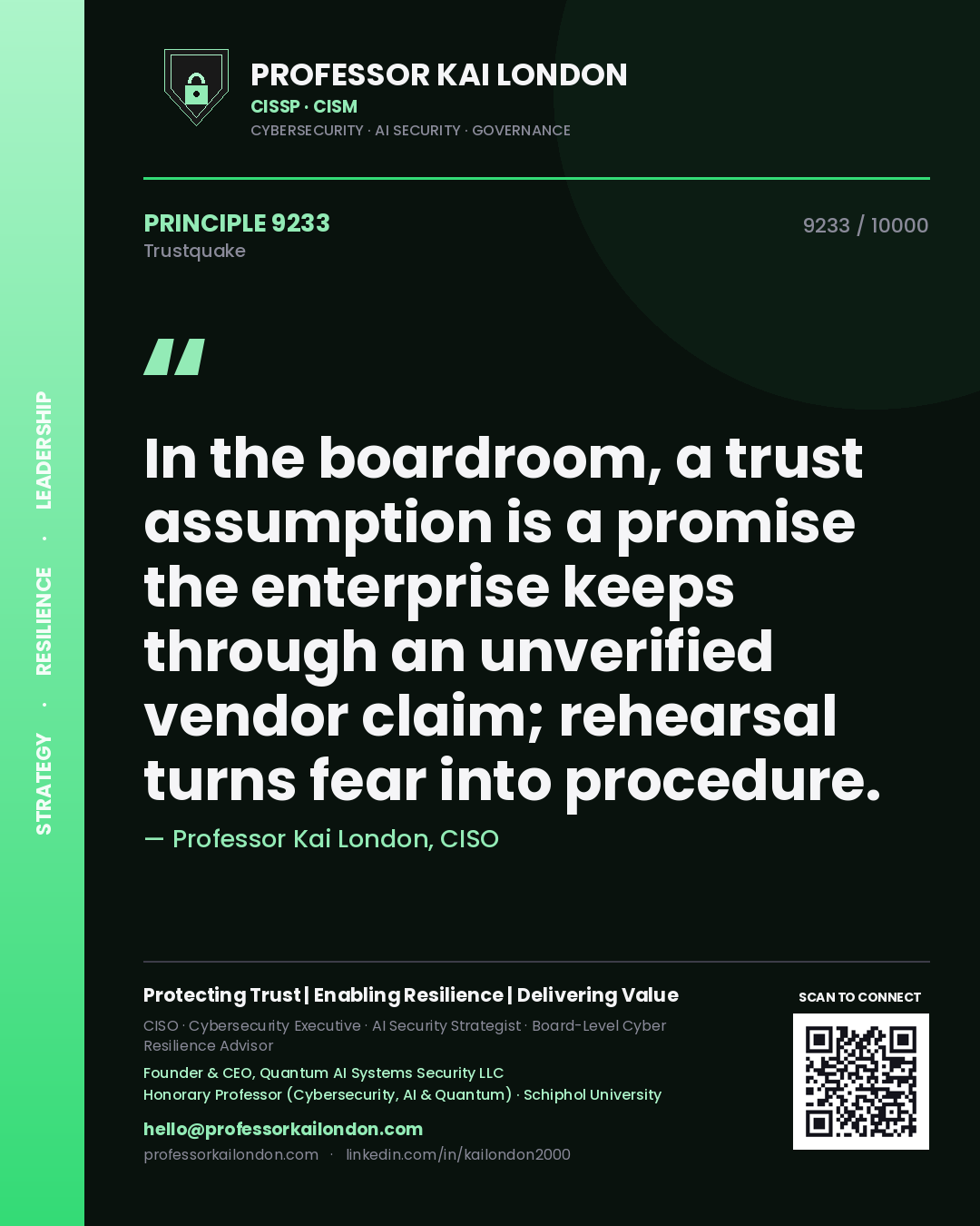 Quote card by Professor Kai London reading 'In the boardroom, a trust assumption is a promise the enterprise keeps through an unverified vendor claim; rehearsal turns fear into procedure.'. From the book Trustquake.