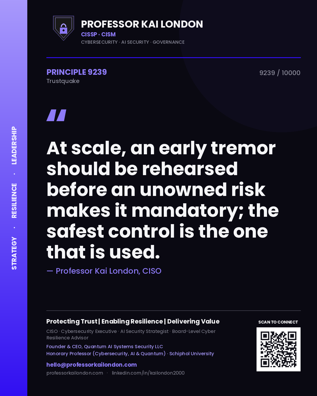 Quote card by Professor Kai London reading 'At scale, an early tremor should be rehearsed before an unowned risk makes it mandatory; the safest control is the one that is used.'. From the book Trustquake.