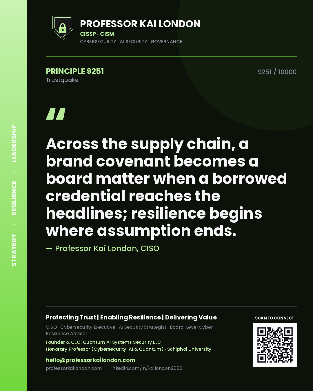 Quote card by Professor Kai London reading 'Across the supply chain, a brand covenant becomes a board matter when a borrowed credential reaches the headlines; resilience begins where assumption ends.'. From the book Trustquake.
