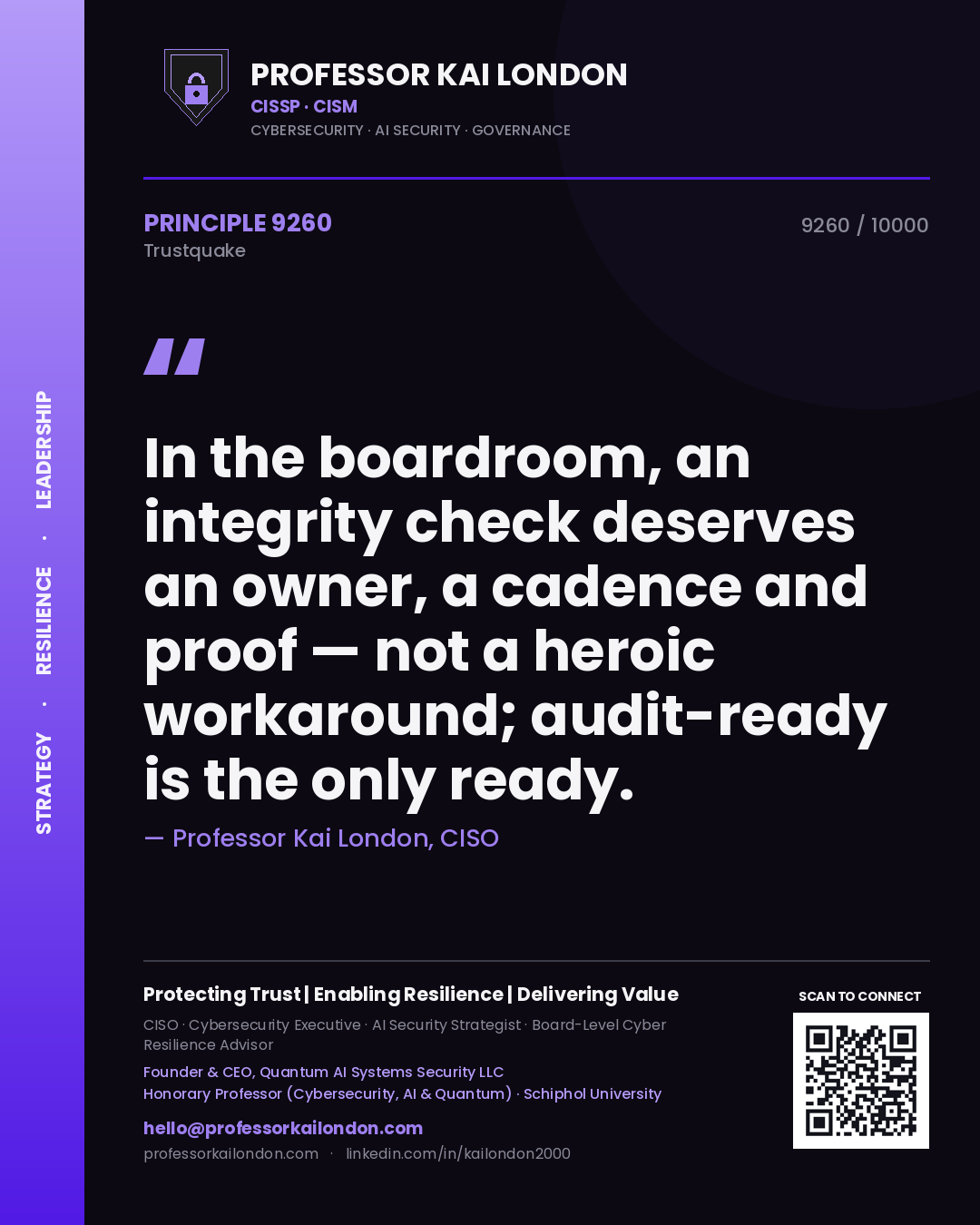 Quote card by Professor Kai London reading 'In the boardroom, an integrity check deserves an owner, a cadence and proof — not a heroic workaround; audit-ready is the only ready.'. From the book Trustquake.