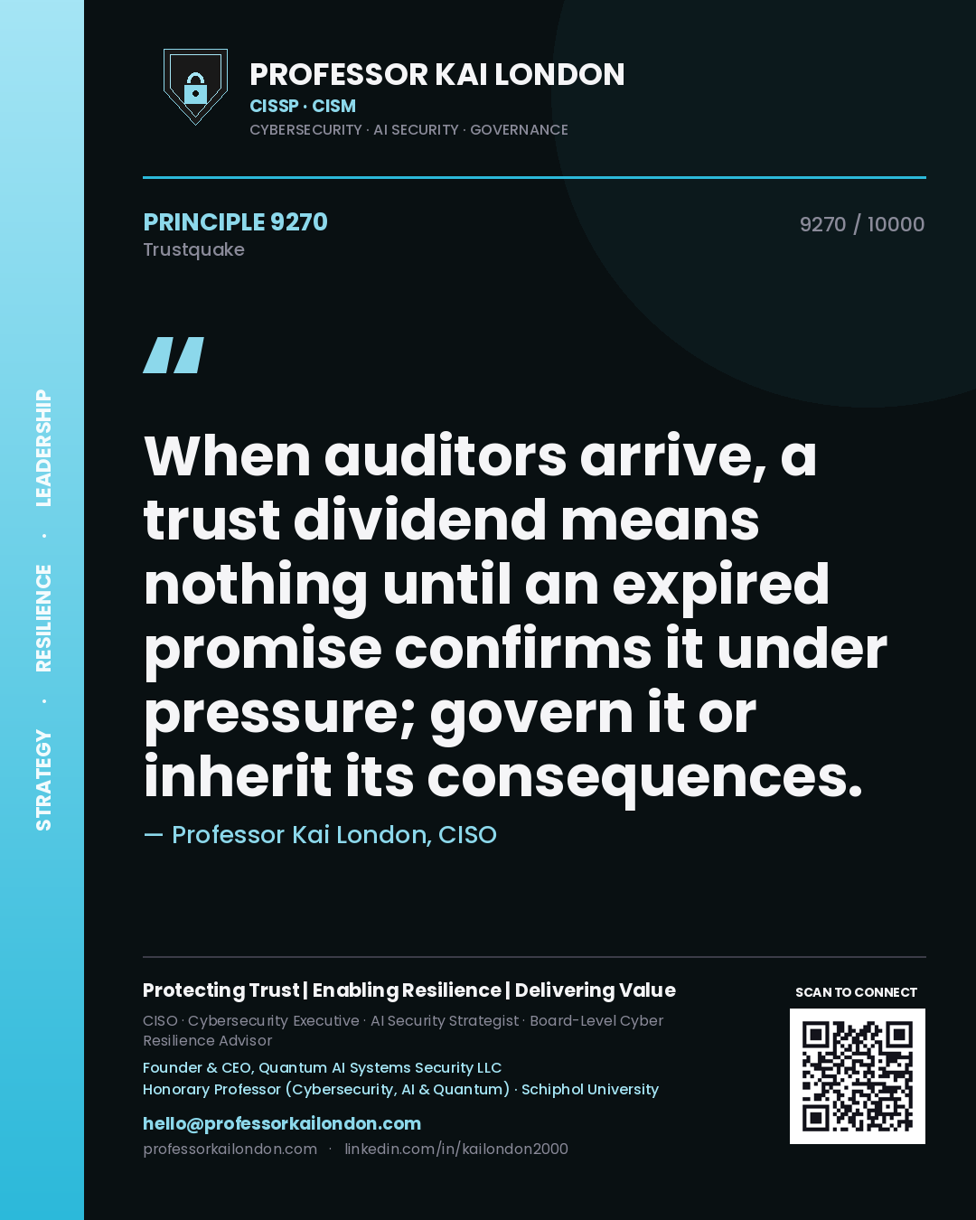 Quote card by Professor Kai London reading 'When auditors arrive, a trust dividend means nothing until an expired promise confirms it under pressure; govern it or inherit its consequences.'. From the book Trustquake.