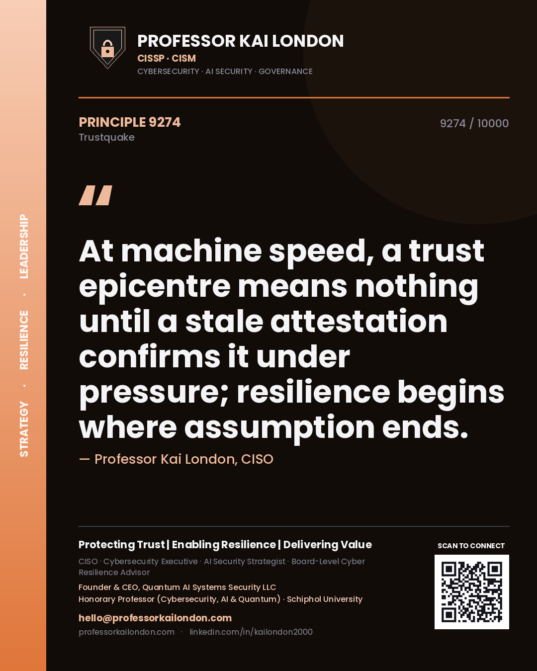 Quote card by Professor Kai London reading 'At machine speed, a trust epicentre means nothing until a stale attestation confirms it under pressure; resilience begins where assumption ends.'. From the book Trustquake.