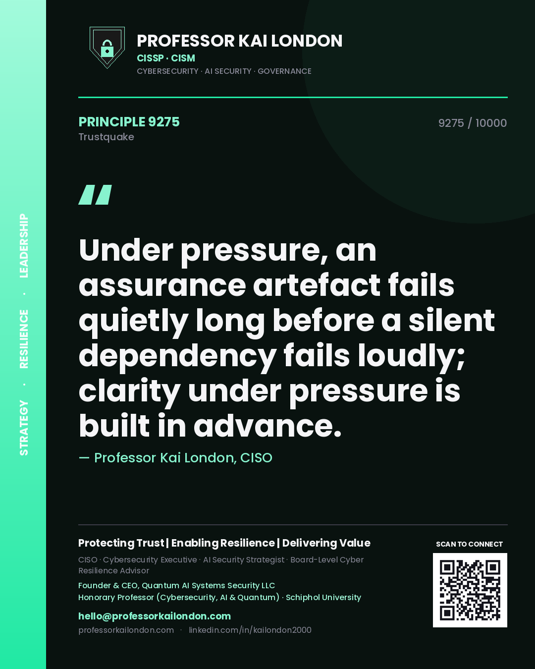 Quote card by Professor Kai London reading 'Under pressure, an assurance artefact fails quietly long before a silent dependency fails loudly; clarity under pressure is built in advance.'. From the book Trustquake.