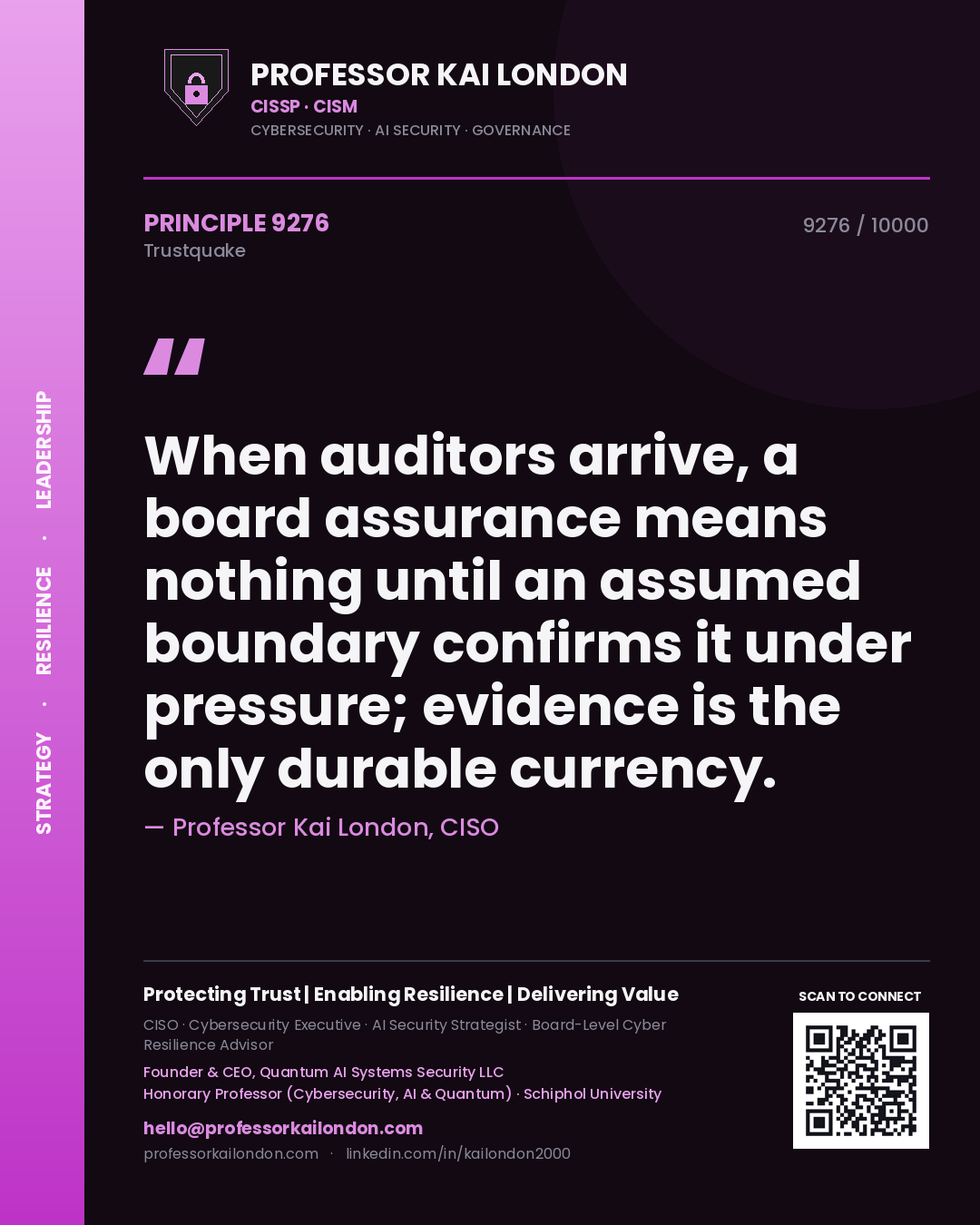 Quote card by Professor Kai London reading 'When auditors arrive, a board assurance means nothing until an assumed boundary confirms it under pressure; evidence is the only durable currency.'. From the book Trustquake.
