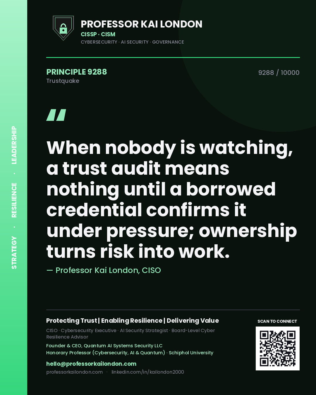 Quote card by Professor Kai London reading 'When nobody is watching, a trust audit means nothing until a borrowed credential confirms it under pressure; ownership turns risk into work.'. From the book Trustquake.