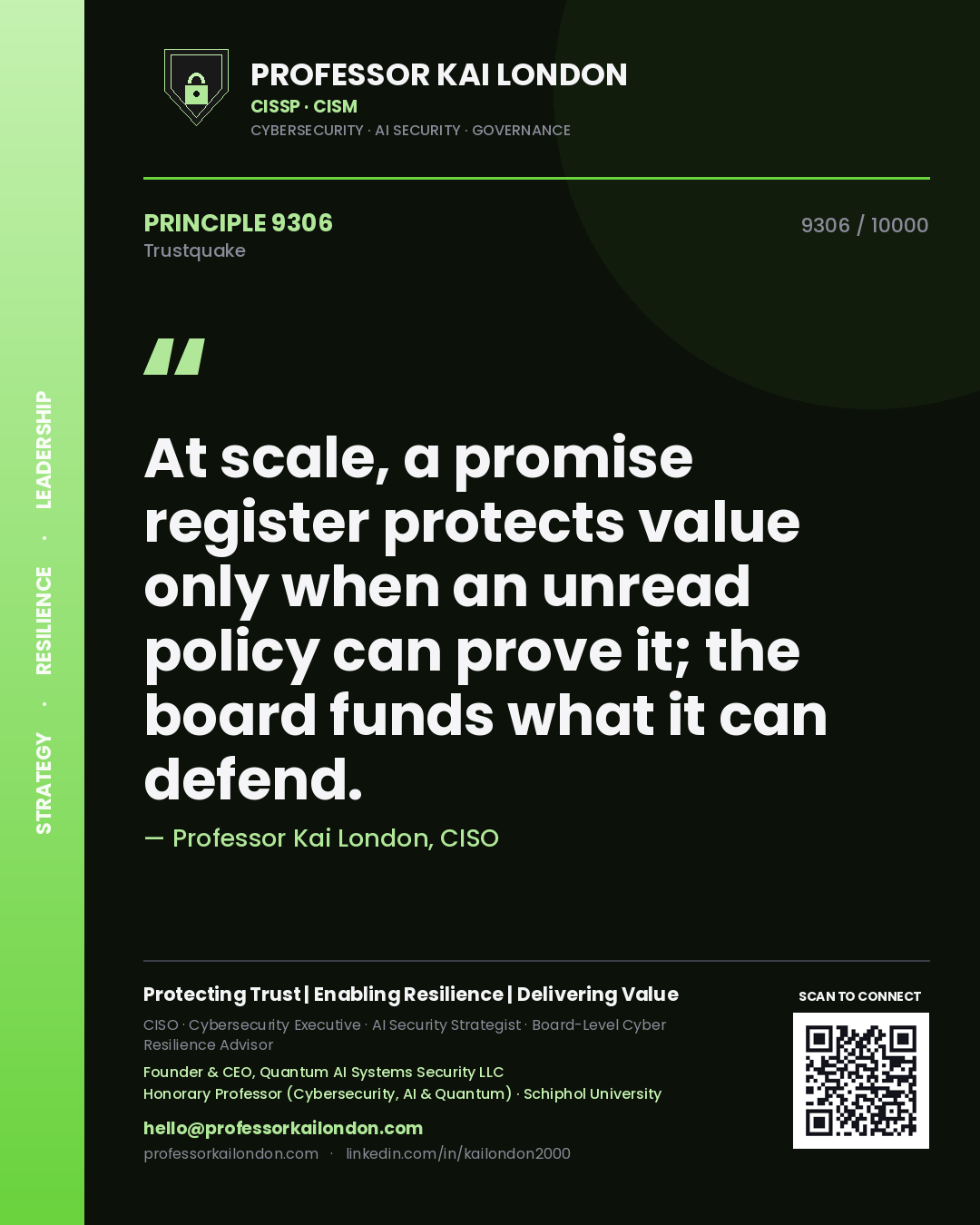 Quote card by Professor Kai London reading 'At scale, a promise register protects value only when an unread policy can prove it; the board funds what it can defend.'. From the book Trustquake.