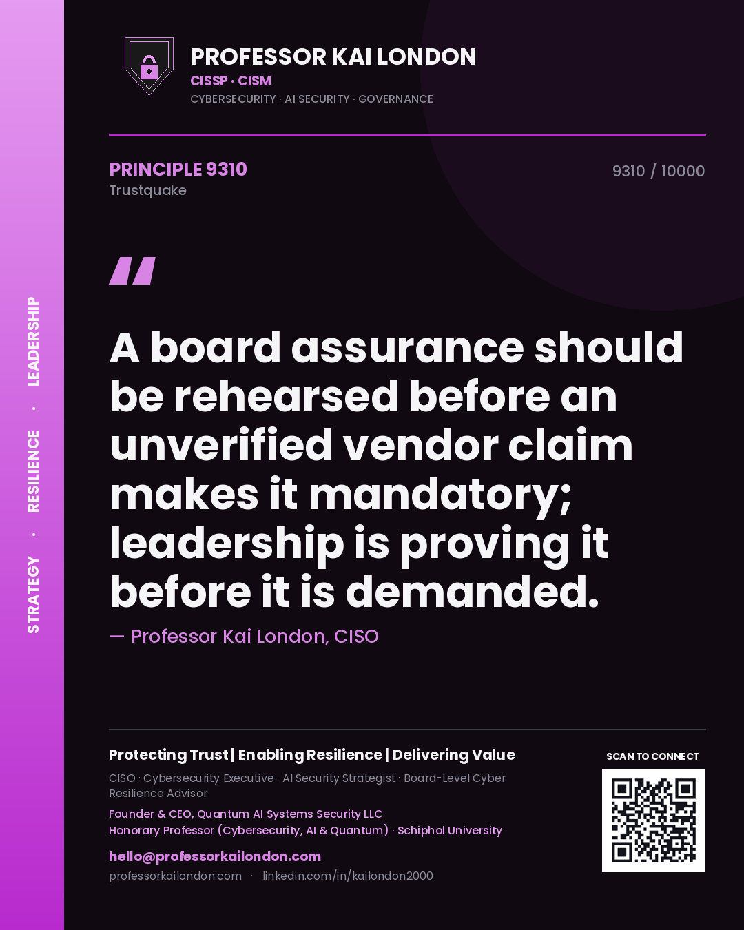 Professor Kai London principle 9310: A board assurance should be rehearsed before an unverified vendor claim makes it mandatory; leadership is proving it before it is demanded.